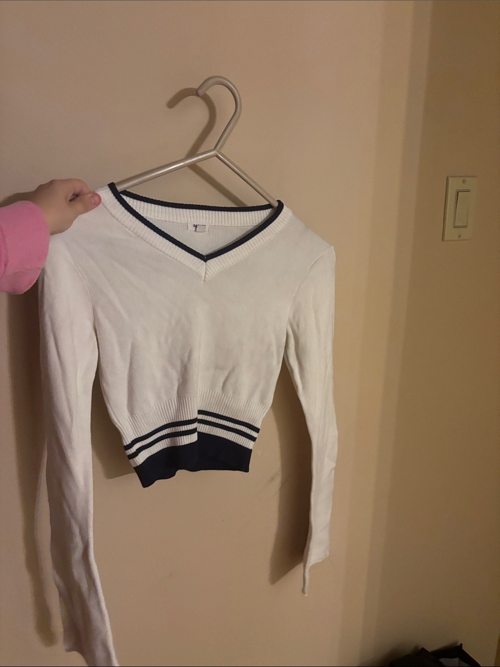 Garage White V-Neck Sweater with Navy Trim
